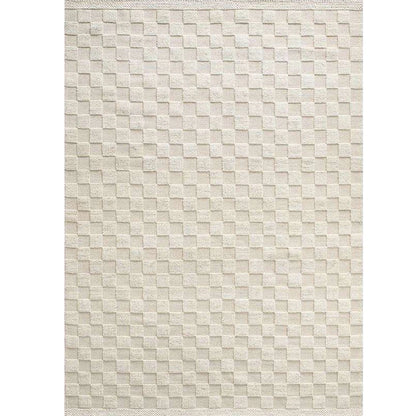 Cream wool blend rug with raised checker texture and soft high-low woven surface