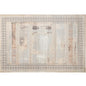 Top view of a detailed bohemian vintage rug showcasing intricate patchwork patterns and neutral tones