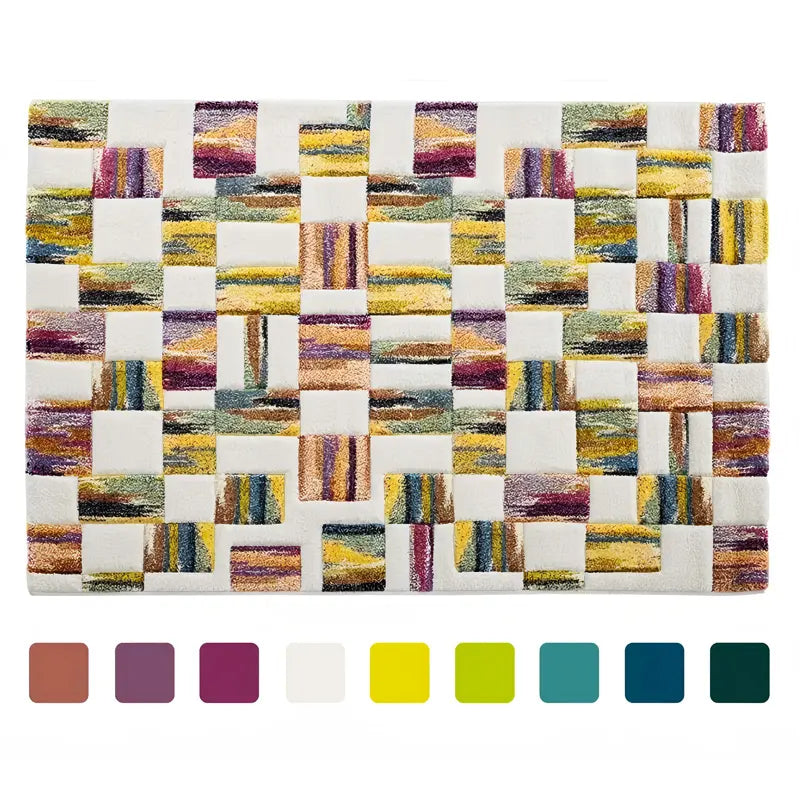 Top view of colorful dopamine patchwork rug with matching color palette swatches below