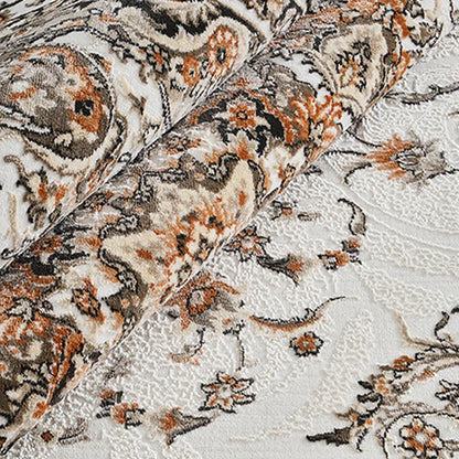 Close-up of soft textured rug showing eco-friendly yarn and classic floral weaving
