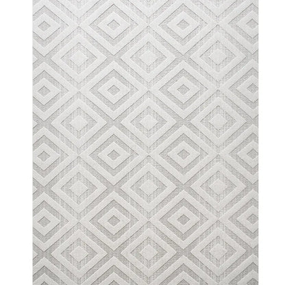 White area rug with geometric diamond patterns, featuring a minimalist and modern design