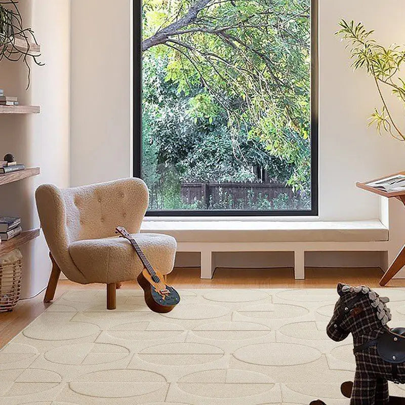 Artistic living room with geometric relief rug, made with Wilton weaving and 3D circular embossing in neutral tones