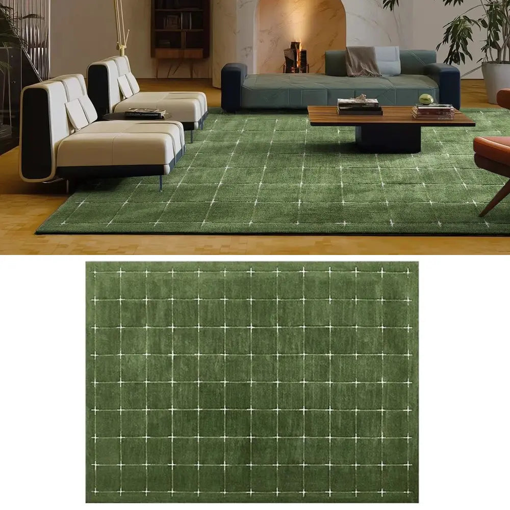 Green grid area rug shown flat to highlight the geometric pattern.