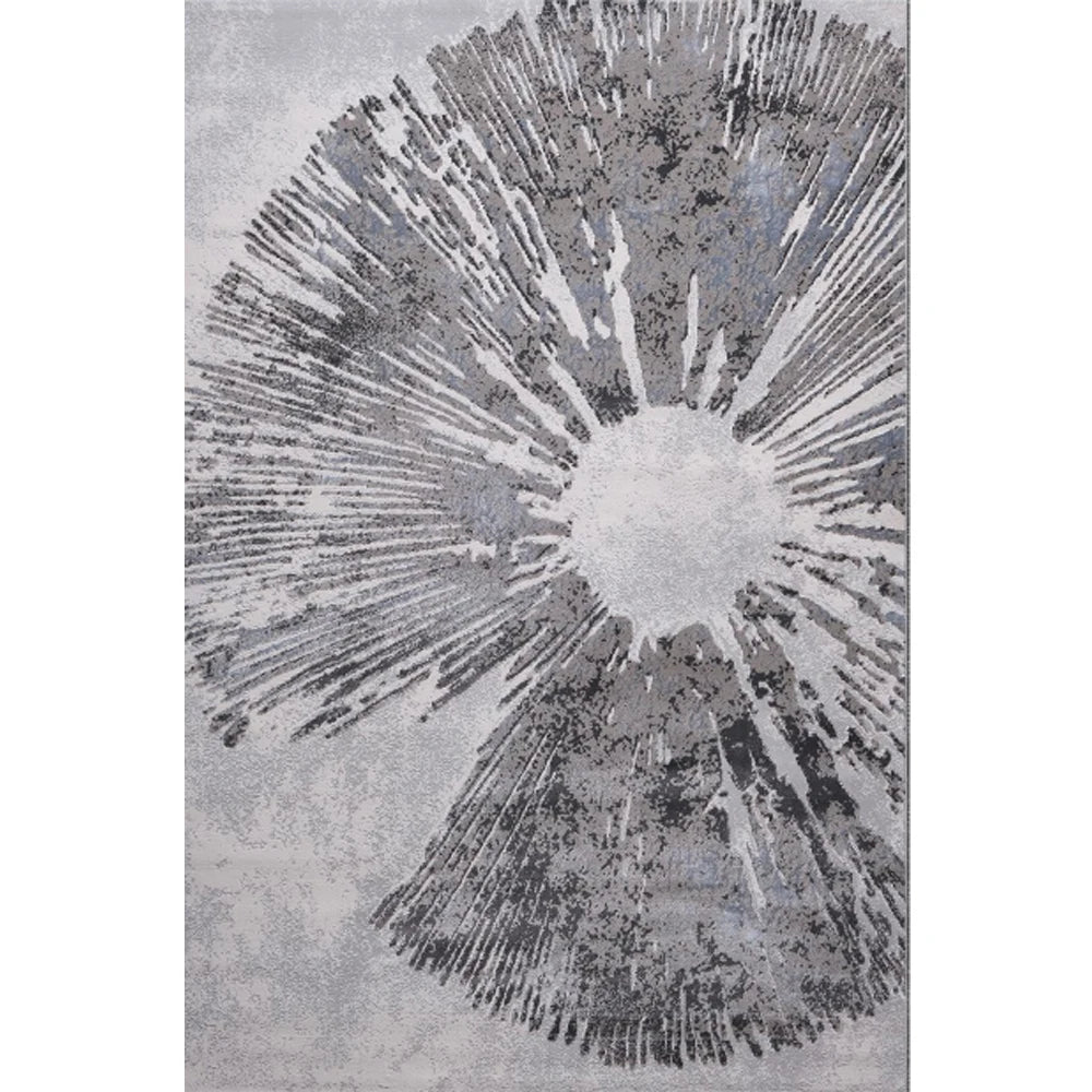 Grey abstract burst area rug shown in full flat layout with a modern radial abstract pattern