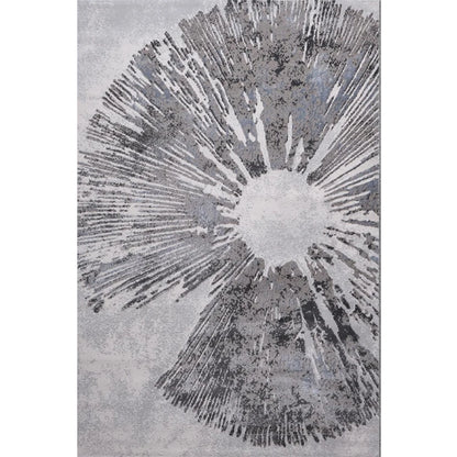 Grey abstract burst area rug shown in full flat layout with a modern radial abstract pattern