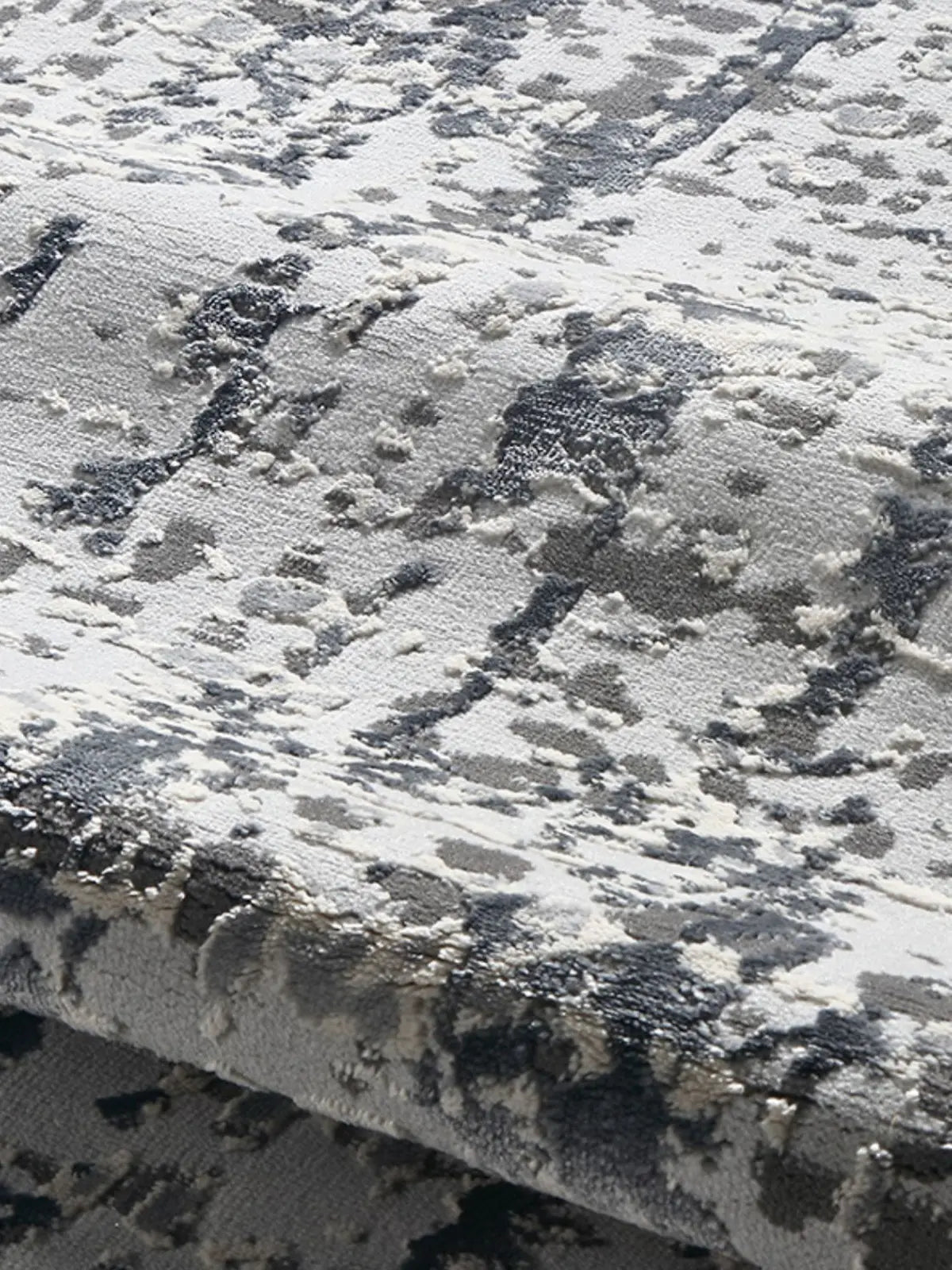 Close-up of grey abstract patterned rug showcasing soft texture and high-density fibers