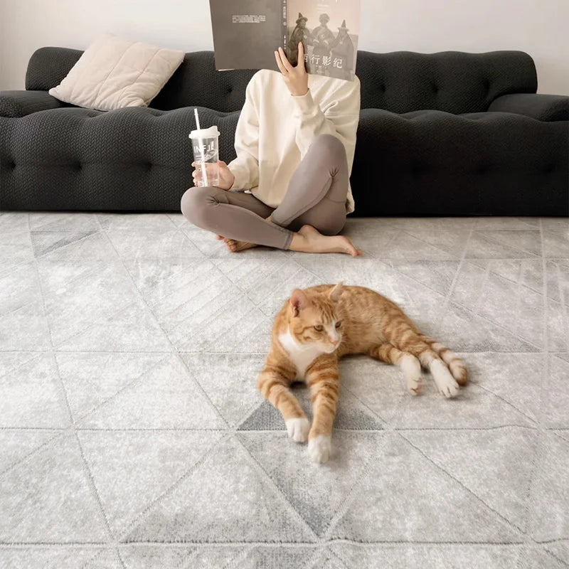 Cozy living space featuring a grey geometric-patterned rug, soft plush texture, pet-friendly design, and modern minimalist decor