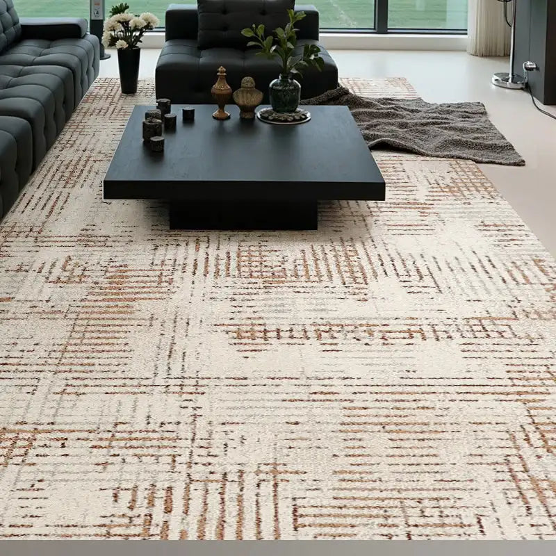Italian-style area rug in beige and brown tones with a modern geometric grid design, placed in a sophisticated living room
