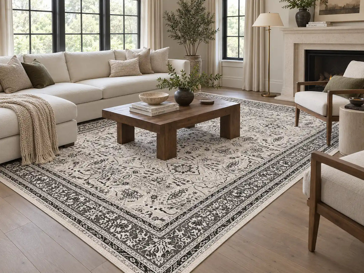 Ivory charcoal Persian-style area rug in a bright American living room with cream seating and wood furniture