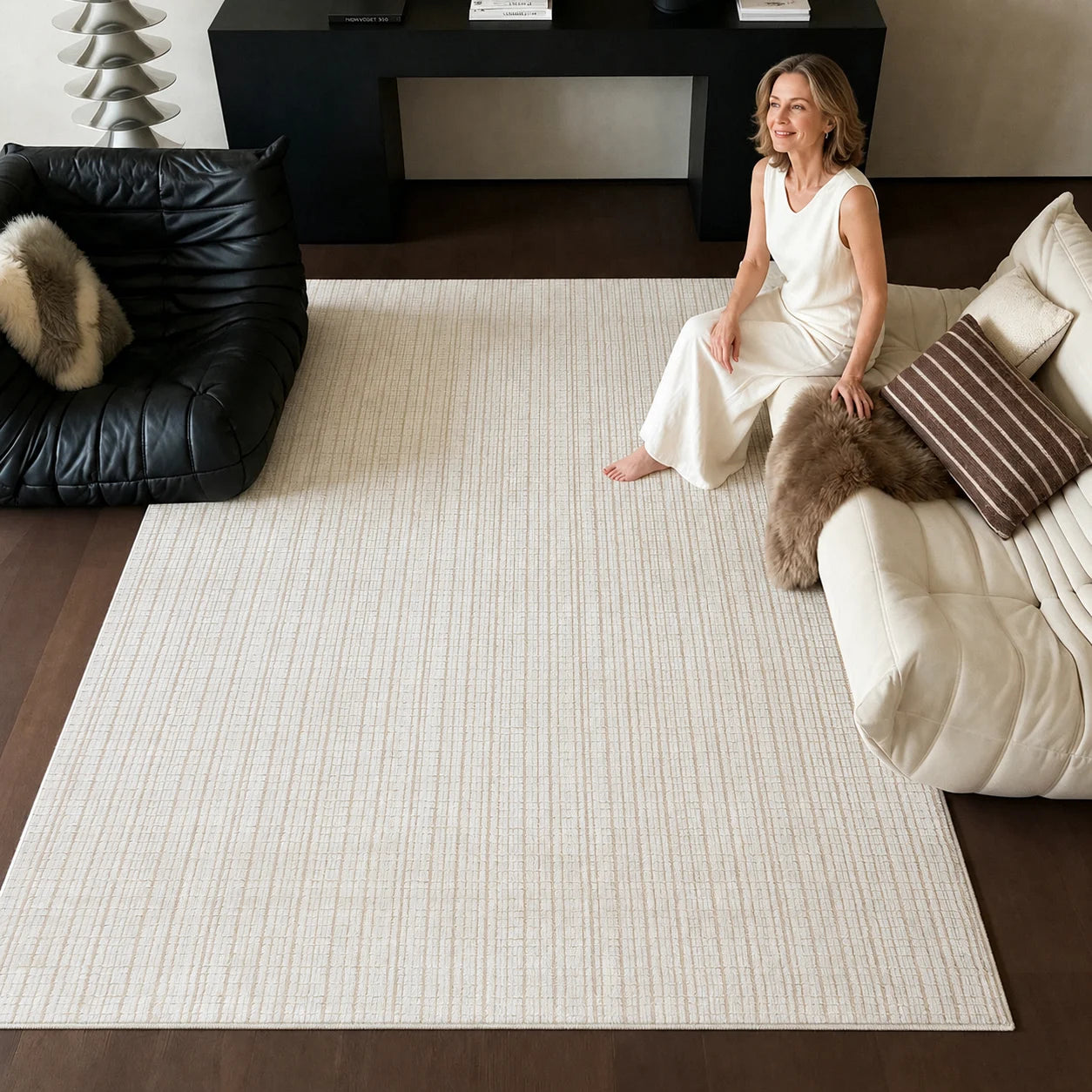 Ivory cut and loop grid area rug in a modern living room with a soft New Zealand wool blend surface