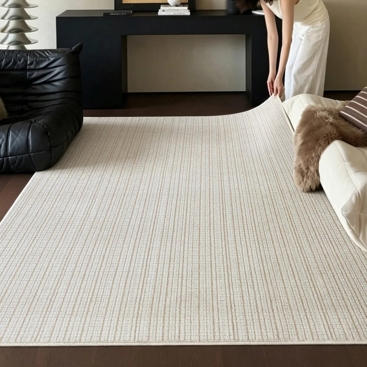 Ivory cut and loop grid area rug placed in a modern room with a stable no pad needed design