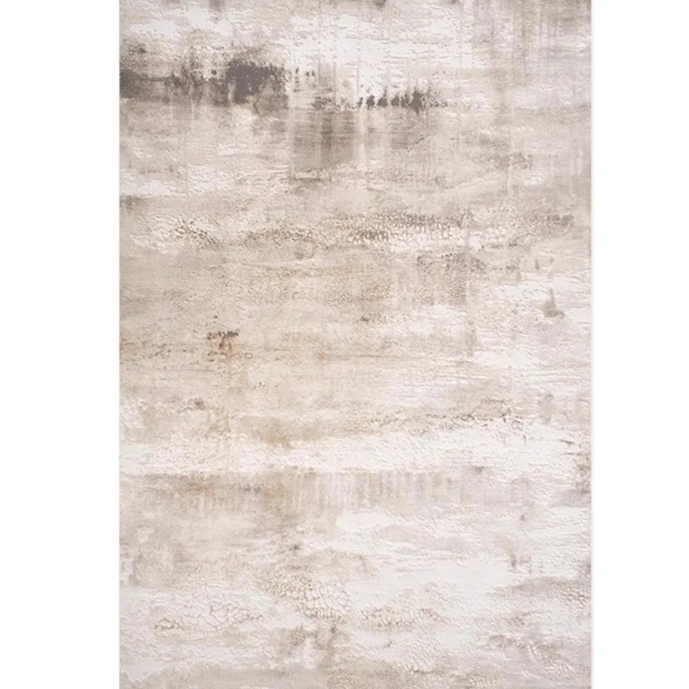 Full view of an ivory and gray abstract distressed area rug with soft taupe accents and a subtle textured surface.