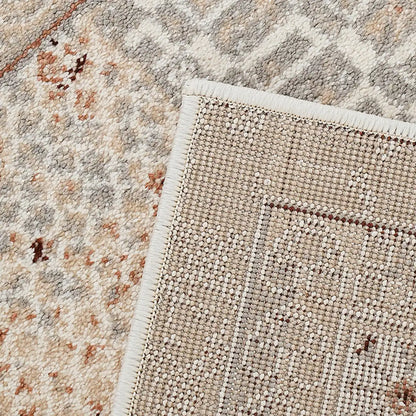 Ivory gray rust vintage area rug backing detail with finished edge and woven construction