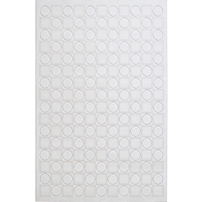 Ivory and light gray circle square geometric area rug full view with soft high-low texture
