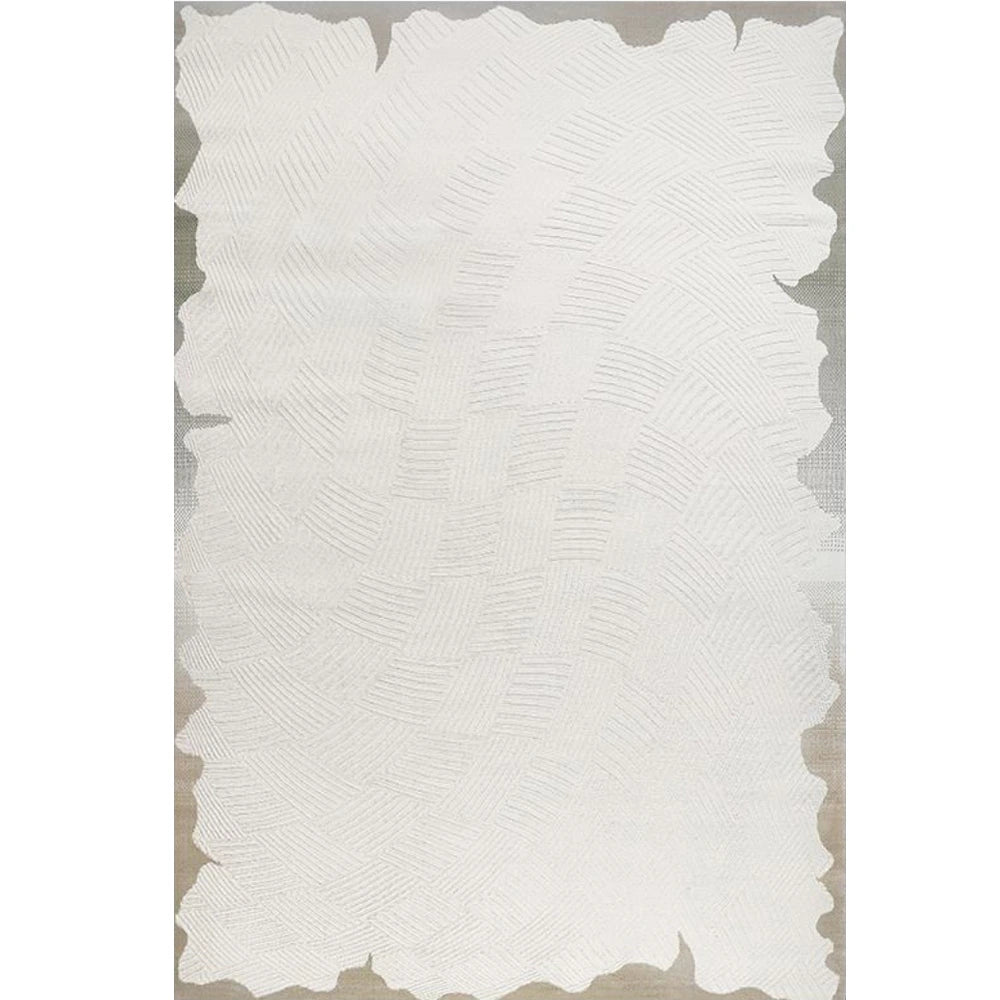 Ivory taupe abstract botanical area rug, full view with raised linear texture and soft gray-taupe border