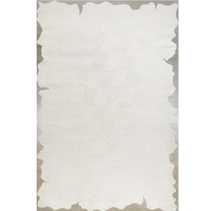 Ivory taupe abstract botanical area rug, full view with raised linear texture and soft gray-taupe border