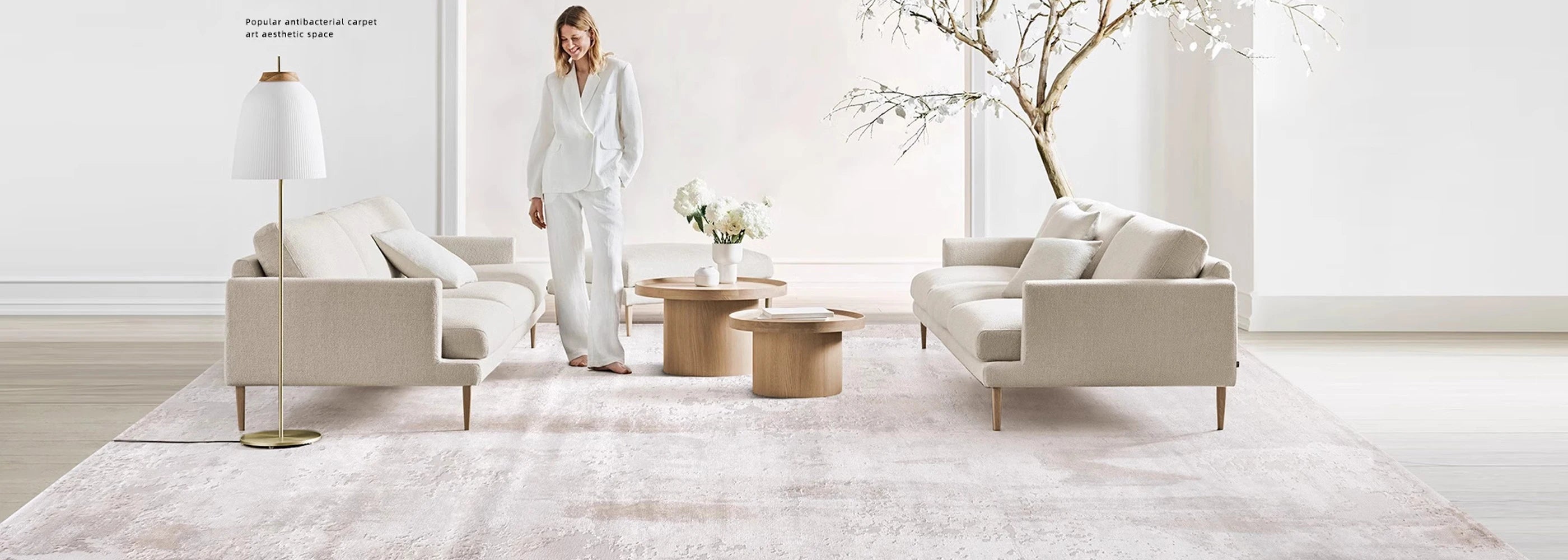 Light beige modern rug in a minimalist living room with neutral decor
