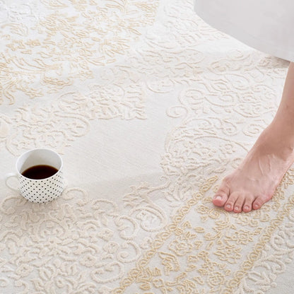Soft beige Persian-style rug for barefoot comfort with textured surface and cozy home setting