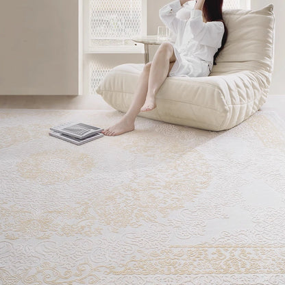 Soft beige Persian-style rug for barefoot comfort in a cozy lounge space