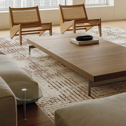 Mid-century modern rug with cream base and earthy lines, perfectly paired with natural wood furniture