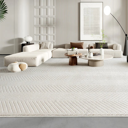 Minimalist cream chevron living room rug with a soft thick feel, stable on the floor with no rug pad needed