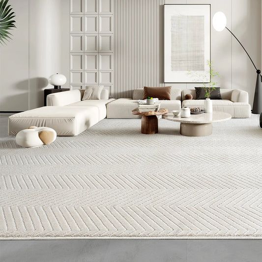 Minimalist cream chevron living room rug with a soft thick feel, stable on the floor with no rug pad needed