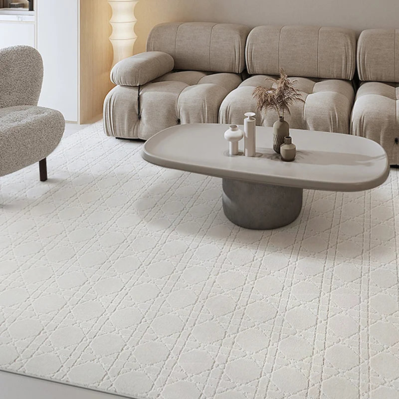 Modern minimalist wool-blend carpet with diamond pattern in a neutral-toned living room#Texture_Crosshatch