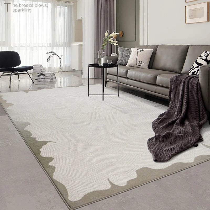 Luxury 3D woven area rug with an artistic abstract border and textured pattern in beige and gray tones, featuring a plush feel and anti-slip jute backing, perfectly suited for a stylish living room