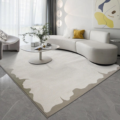 Contemporary 3D woven area rug with an abstract border design and textured geometric pattern in beige and gray, featuring a plush feel and anti-slip backing, enhancing a modern living room aesthetic
