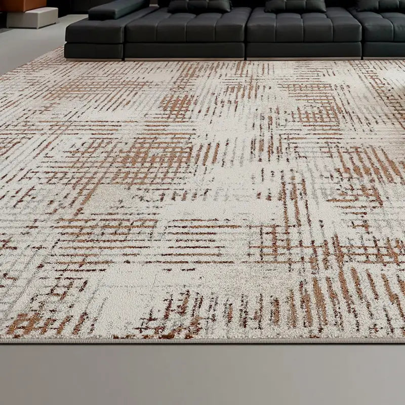 Modern Italian-style area rug with cream and brown geometric pattern, perfect for spacious living rooms