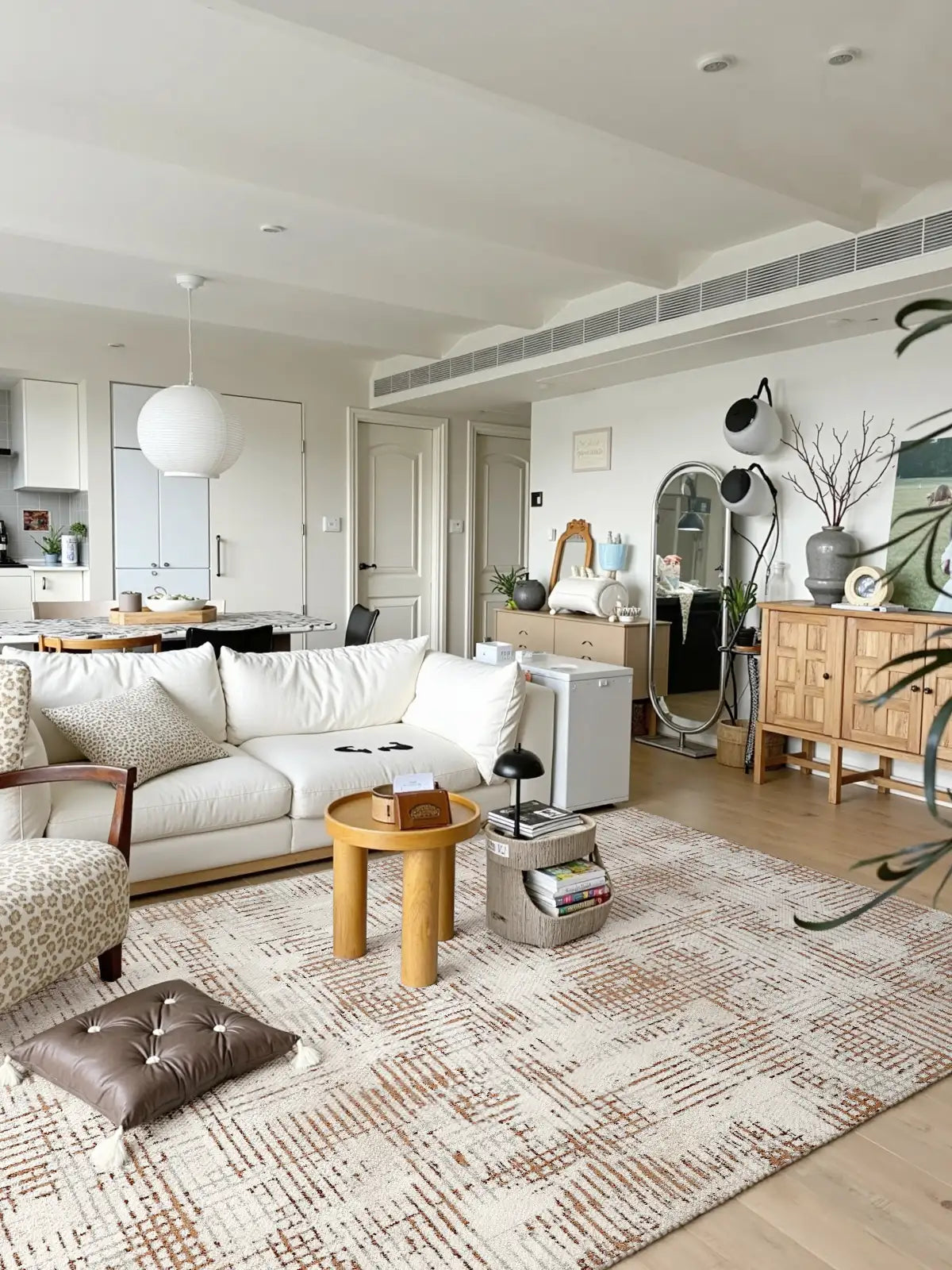 Modern Italian Minimalist Area Rug in living room, 12mm thick, cream and brown geometric pattern, eco-friendly and waterproof