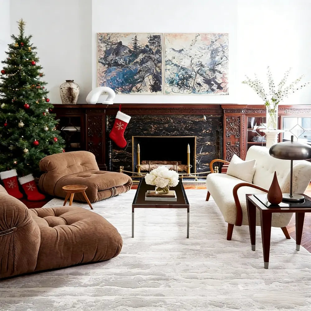 Modern living room with a white thick area rug creating a warm and comfortable holiday atmosphere