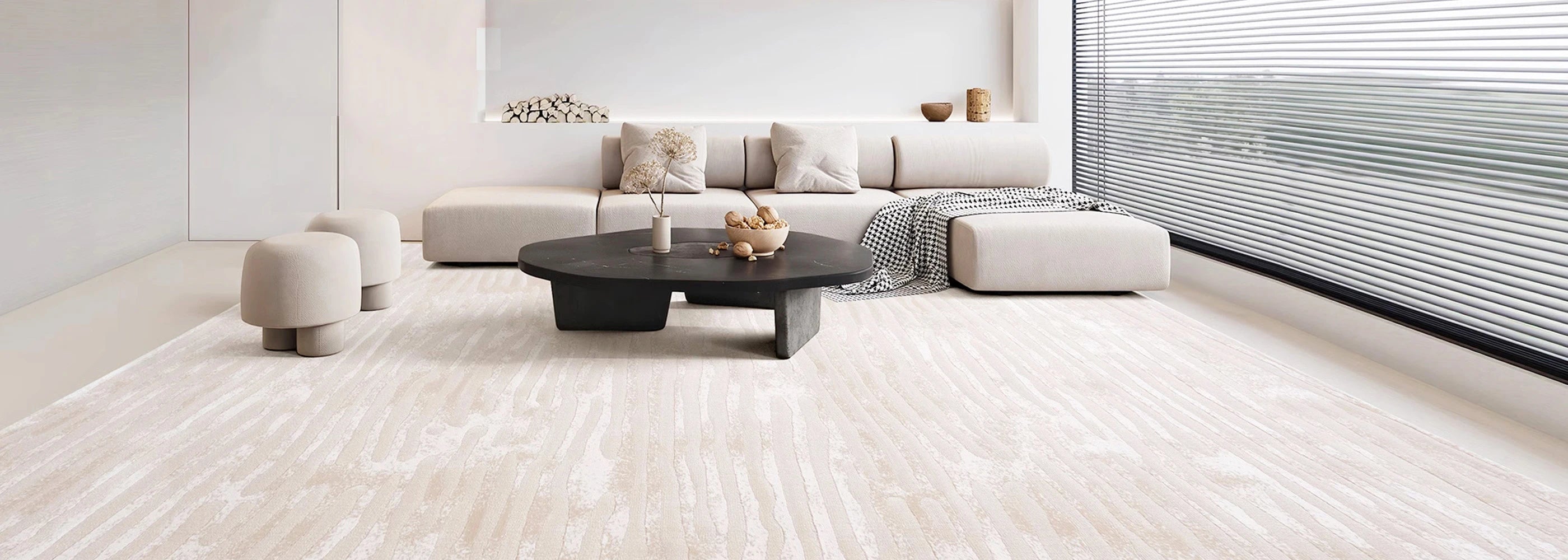 Beige abstract-patterned rug in a modern minimalist living room