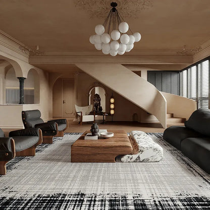 Modern textured area rug in a cozy living room, gray and cream design, perfect for modern interiors 
