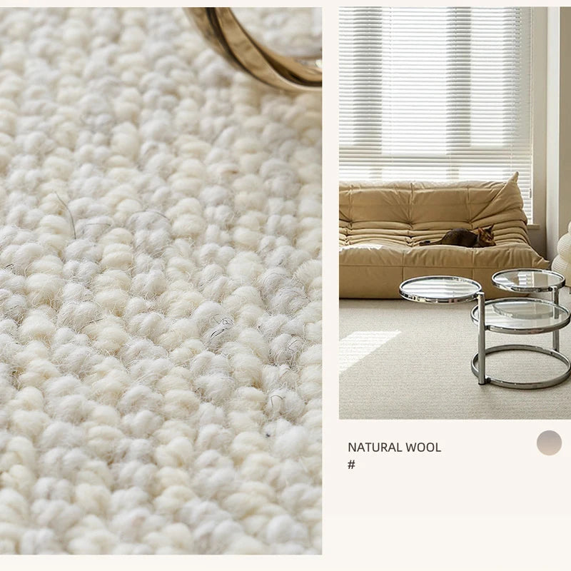 Close-up of natural wool loop texture rug paired with modern beige sofa and round glass coffee tables in a sunlit room