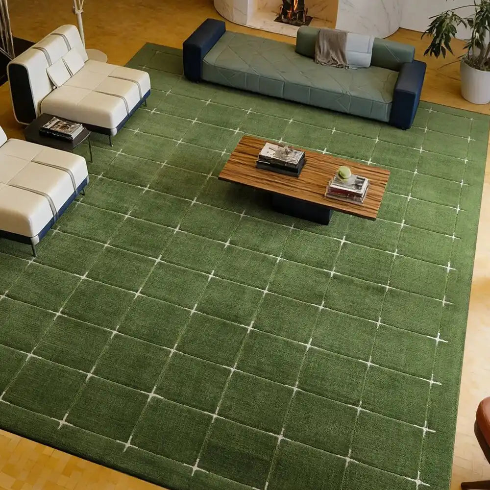 Modern green grid area rug styled in a contemporary living room.