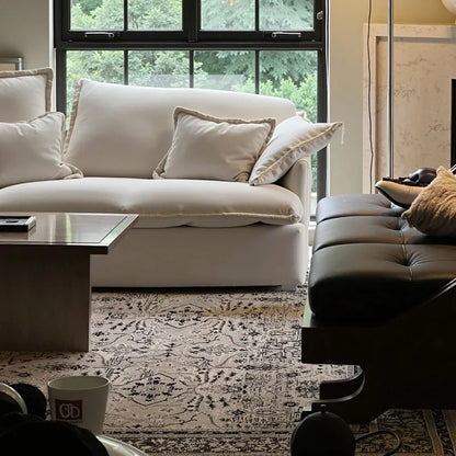 Neutral-toned living room with cream sofa and Persian-style rug near window.