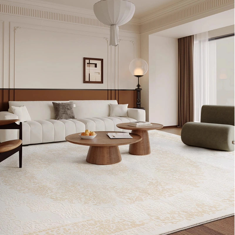 Cozy living room with a luxury Persian rug in beige and gold patterns, complemented by modern minimalist furniture #color_beige
