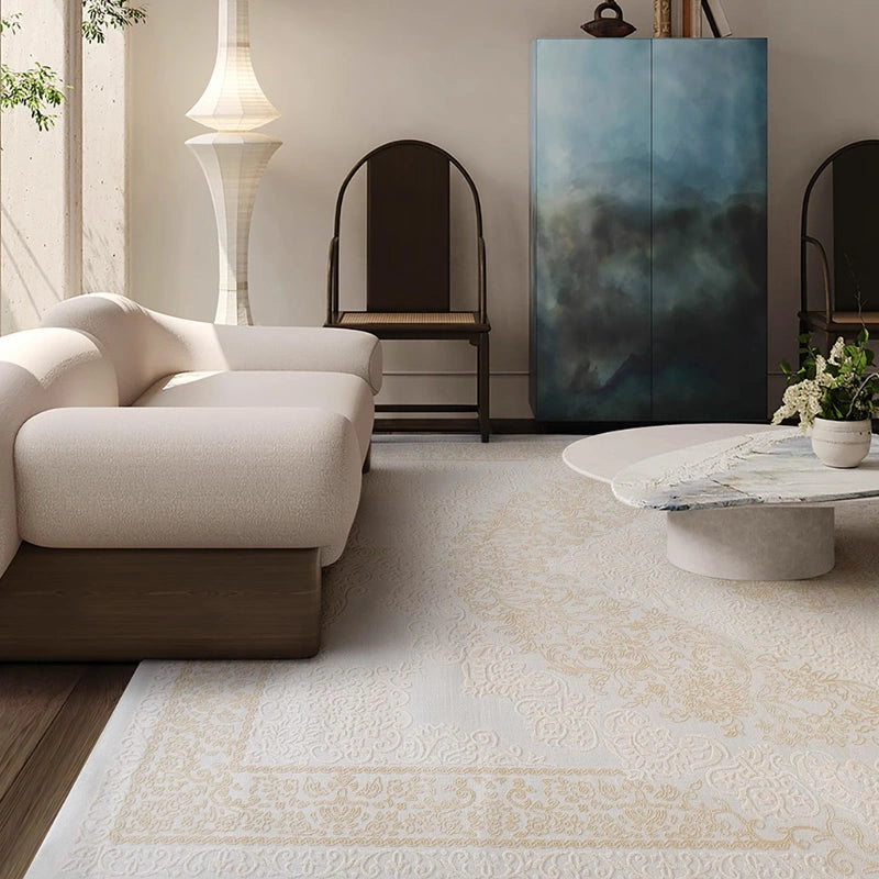Luxury Persian rug in beige and gold tones styled in a modern living room with minimalist furniture decor #color_beige