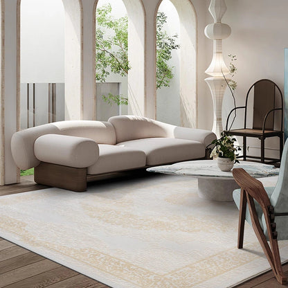 Beige Persian-style living room rug in a modern space with soft neutral tones and arched architecture