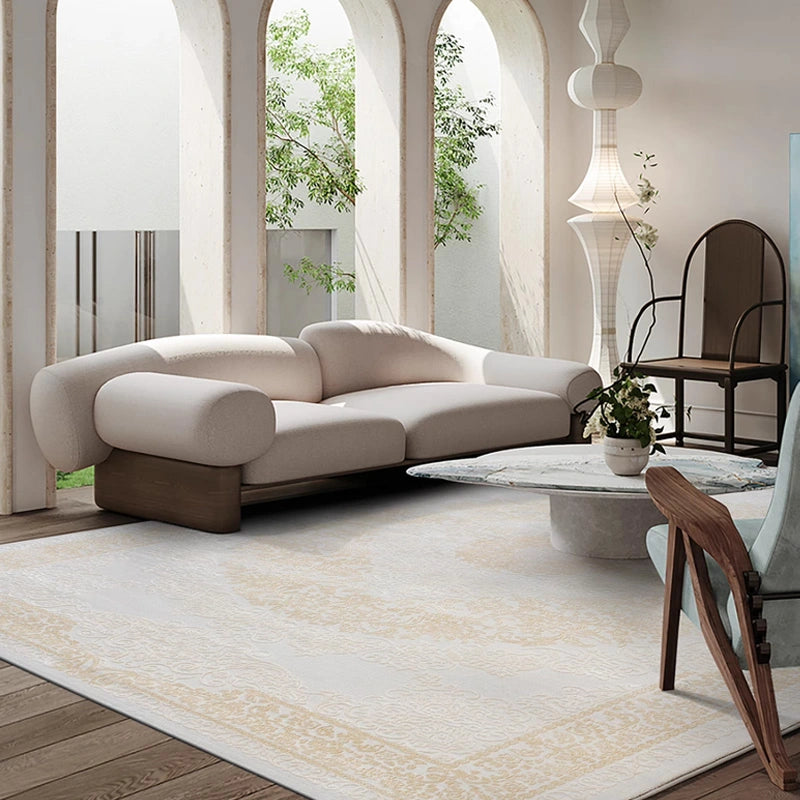 Elegant Persian rug in white and beige tones, luxury living room design #color_beige