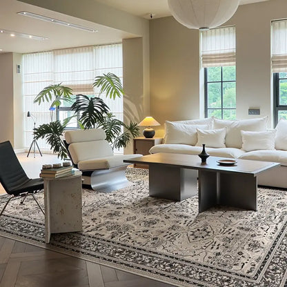 Persian-style area rug in a bright living room with white sofa and modern decor.