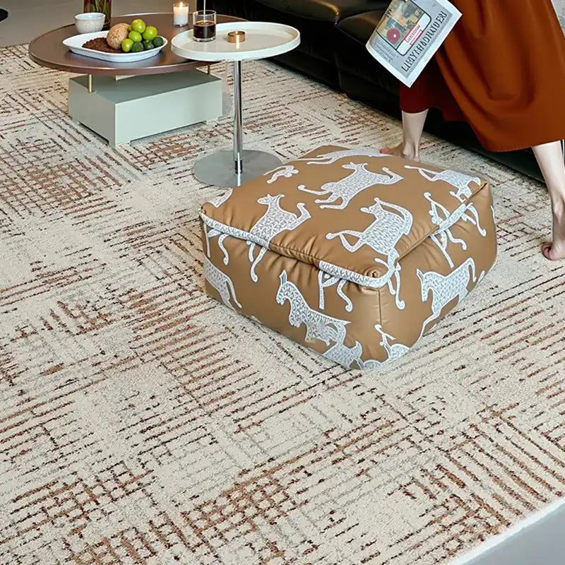 Italian-inspired rug with geometric patterns in a cozy living room, paired with playful decor
