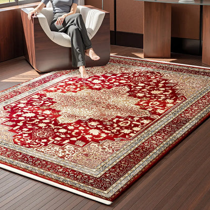 close-up of red Persian style rug in a modern interior with wooden furniture