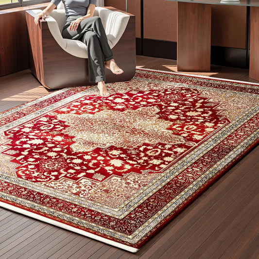 close-up of red Persian style rug in a modern interior with wooden furniture