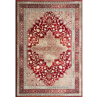 full view of red Persian style area rug with intricate traditional pattern