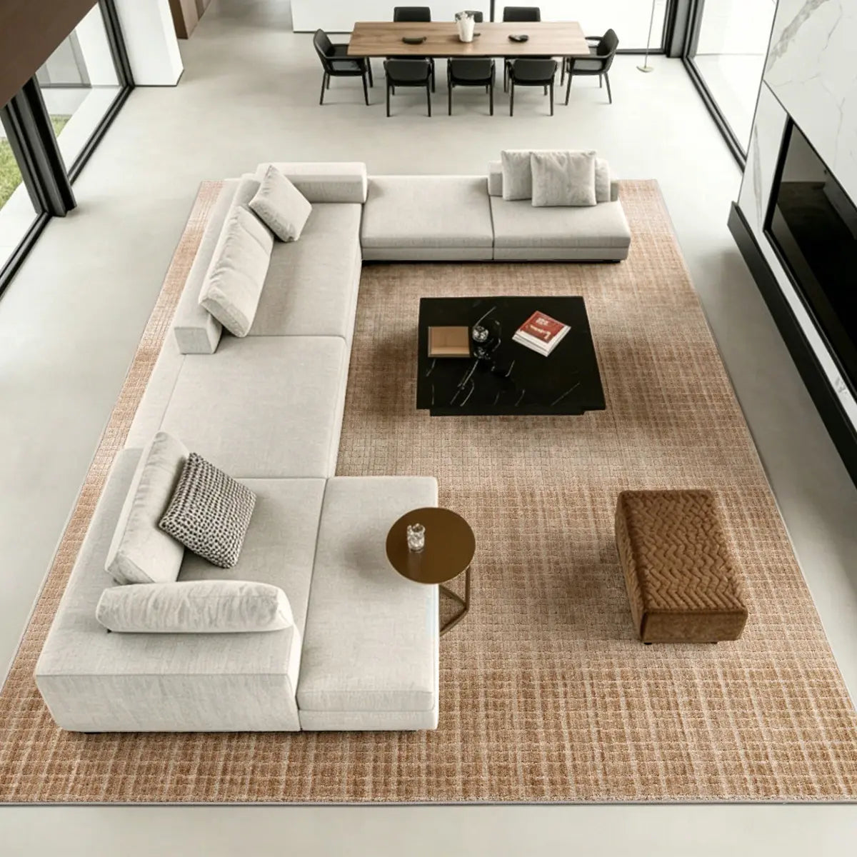 Large light brown Siena area rug under a sectional sofa in a modern living room