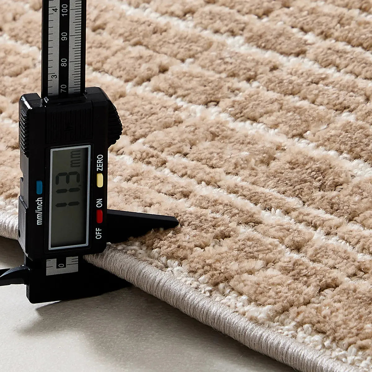 Siena wool blend rug thickness measured at about 11.3 mm with a digital caliper