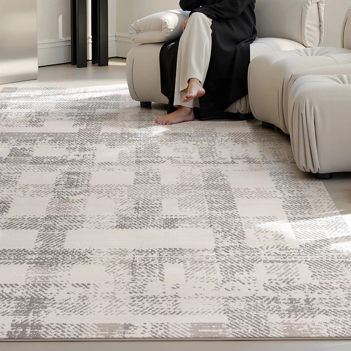 soft cream geometric rug with a comfortable feel in a modern living room by Tervannor