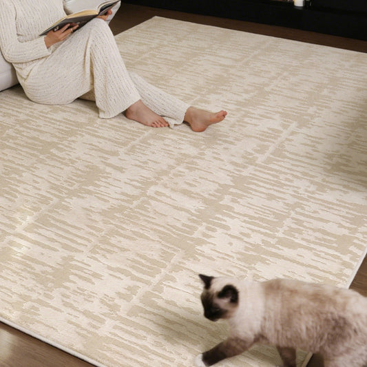 soft cream textured area rug in a cozy living room with neutral tones, thick dense feel and comfortable underfoot